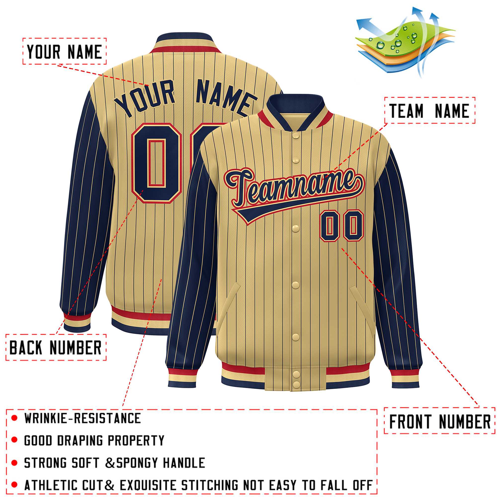 Custom Khaki Navy Raglan Sleeves Varsity Full-Snap Pinstripe Letterman Baseball Jacket