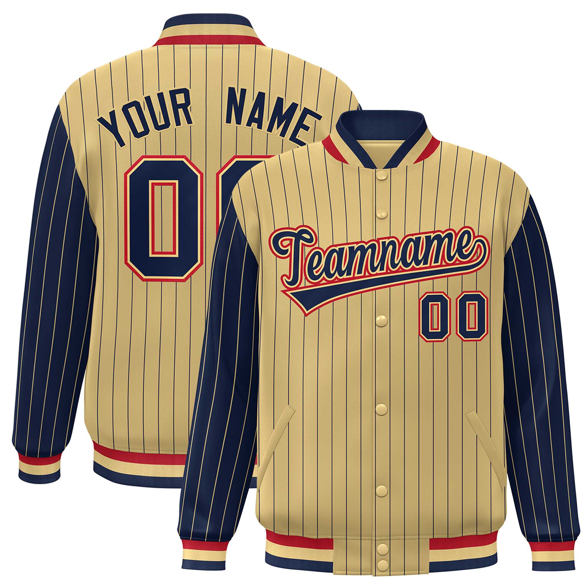 Custom Khaki Navy Raglan Sleeves Varsity Full-Snap Pinstripe Letterman Baseball Jacket