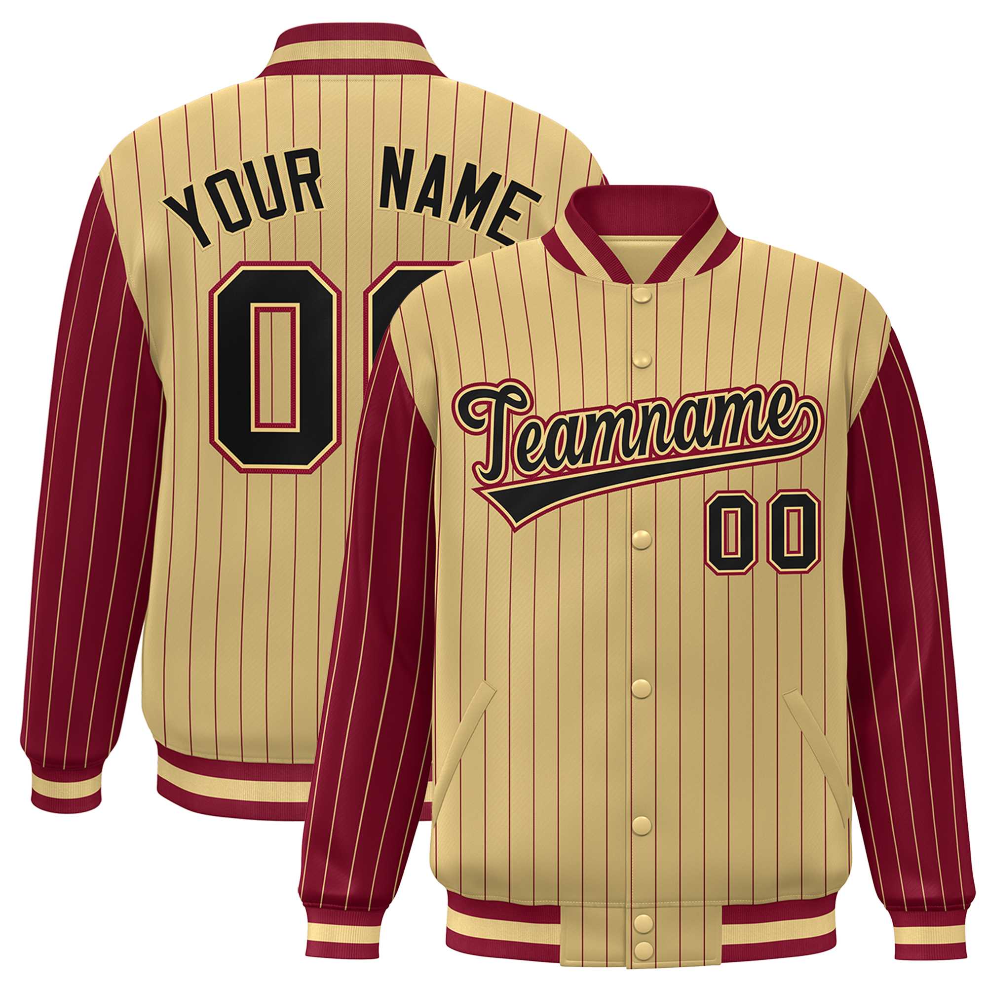 Custom Khaki Crimson Raglan Sleeves Varsity Full-Snap Pinstripe Letterman Baseball Jacket