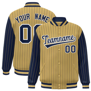 Custom Old Gold Navy Raglan Sleeves Varsity Full-Snap Pinstripe Letterman Baseball Jacket