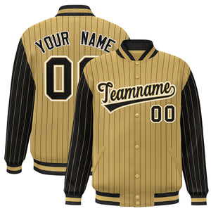 Custom Old Gold Black Raglan Sleeves Varsity Full-Snap Pinstripe Letterman Baseball Jacket