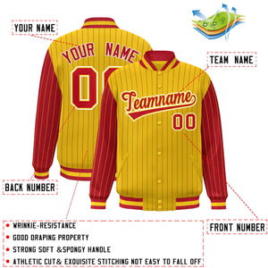 Custom Gold Red Raglan Sleeves Varsity Full-Snap Pinstripe Letterman Baseball Jacket