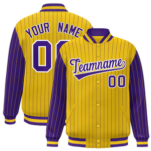 Custom Gold Purple Raglan Sleeves Varsity Full-Snap Pinstripe Letterman Baseball Jacket