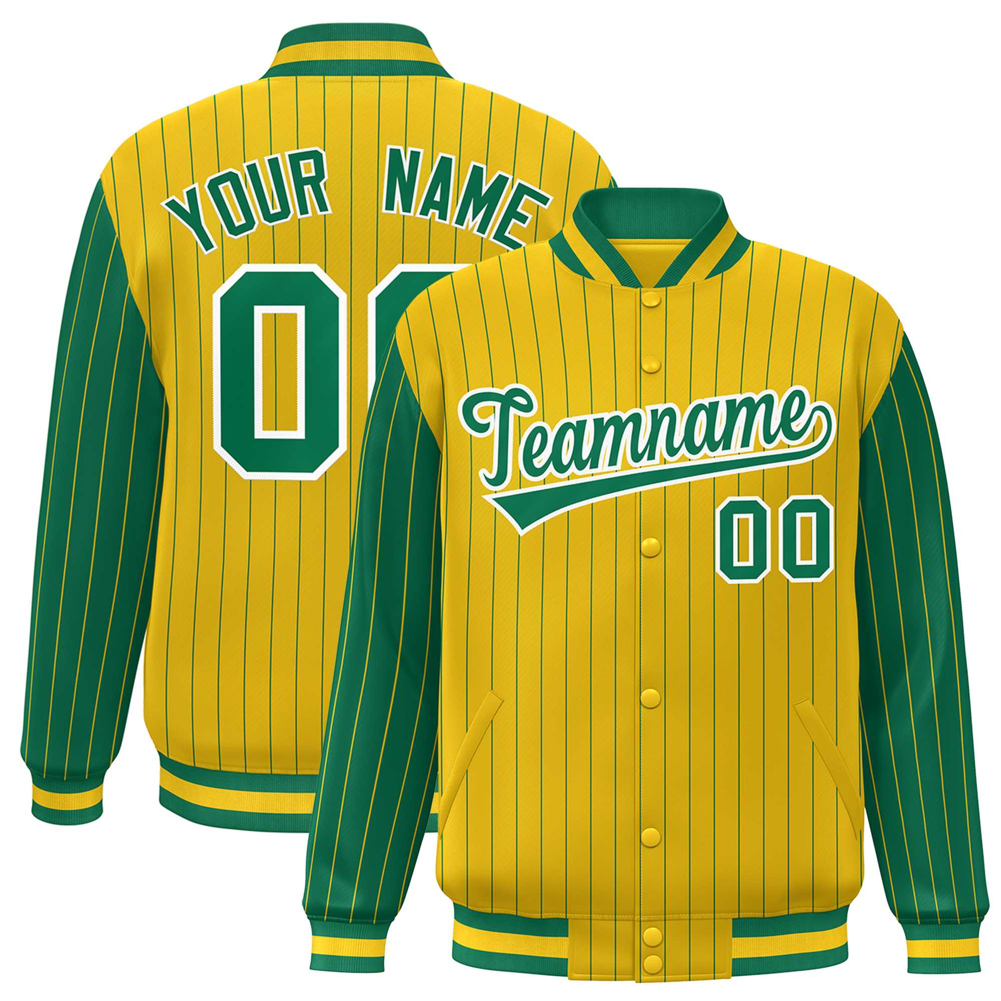 Custom Gold Kelly Green Raglan Sleeves Varsity Full-Snap Pinstripe Letterman Baseball Jacket