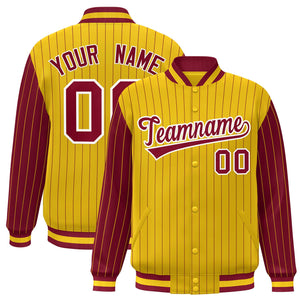 Custom Gold Crimson Raglan Sleeves Varsity Full-Snap Pinstripe Letterman Baseball Jacket