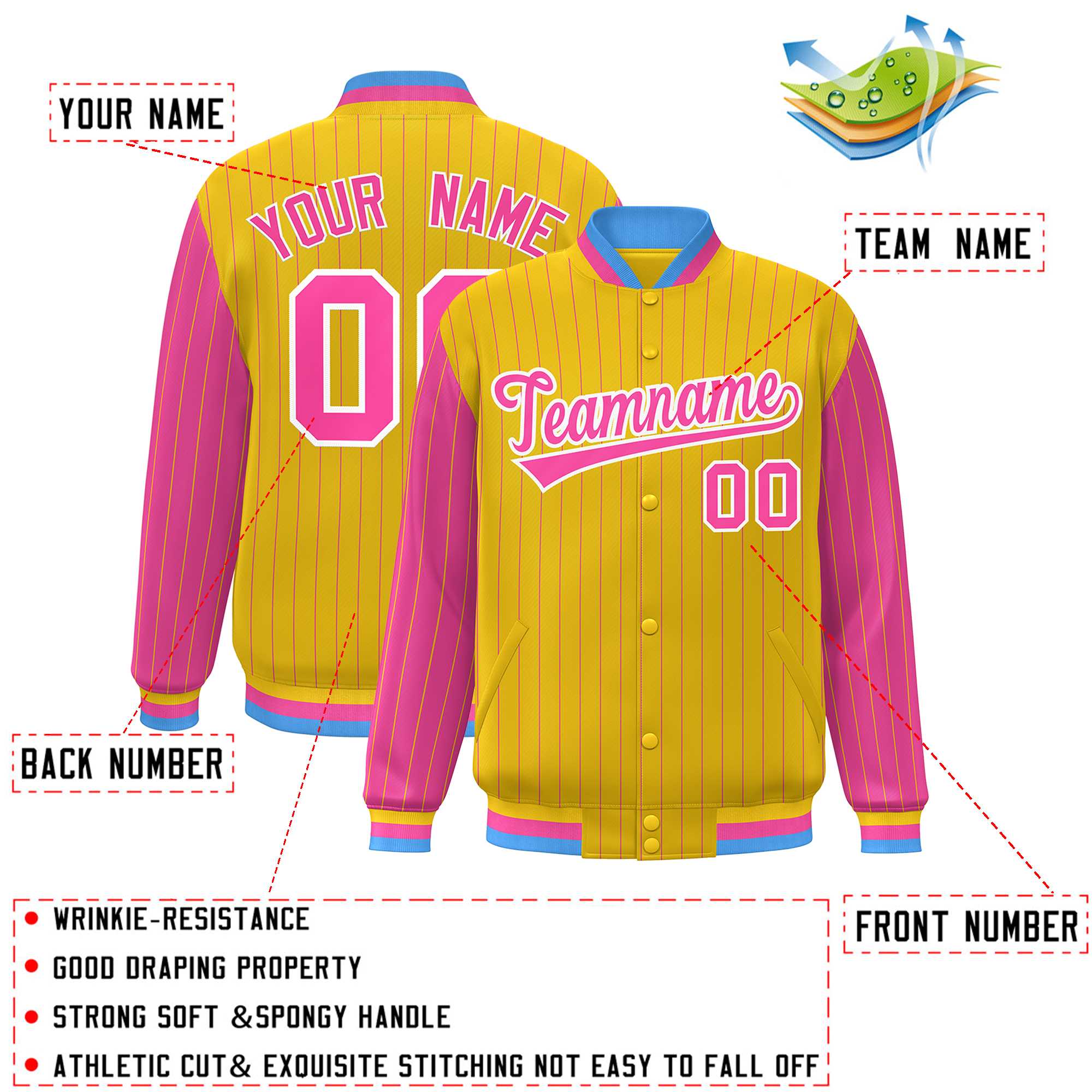 Custom Gold Pink Raglan Sleeves Varsity Full-Snap Pinstripe Letterman Baseball Jacket