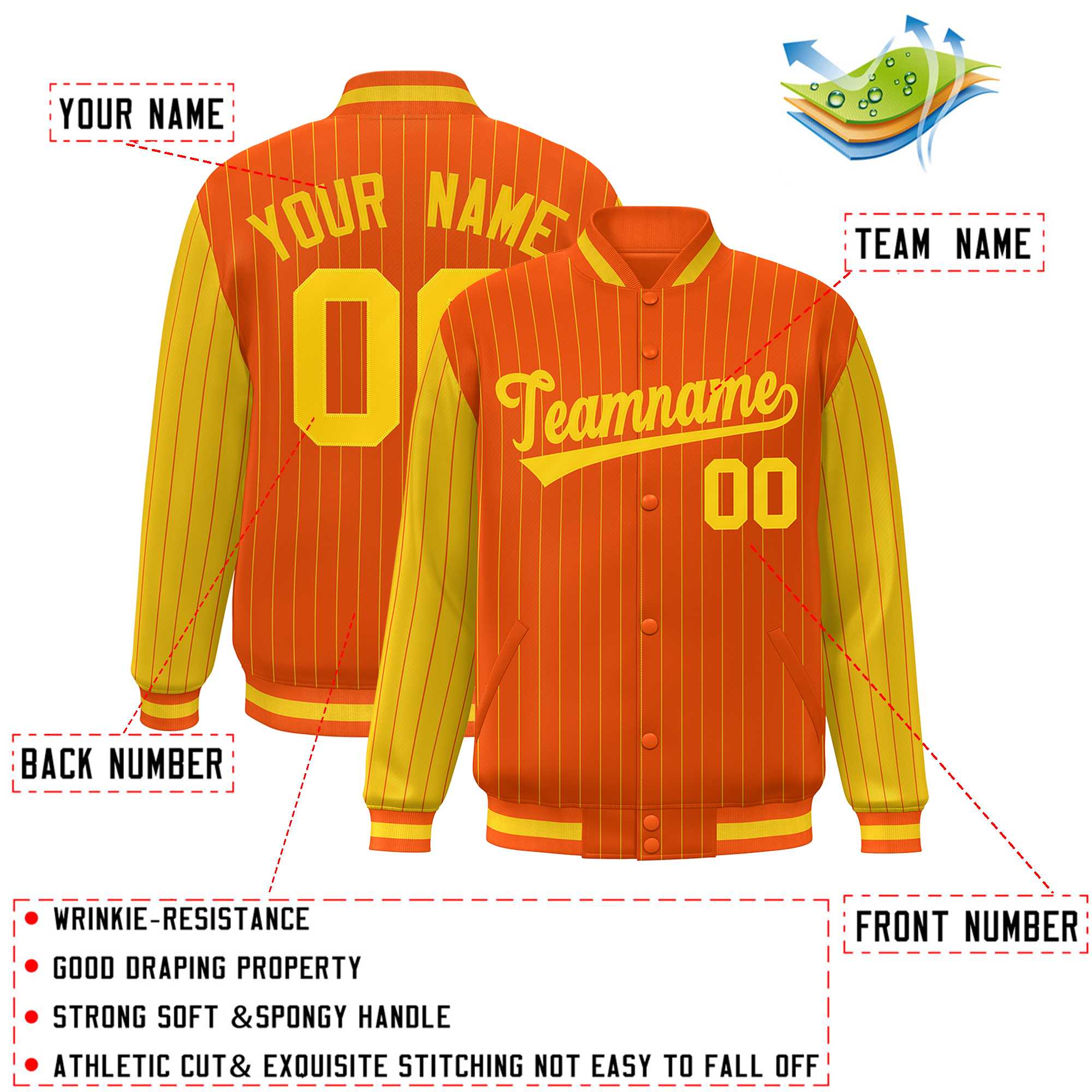 Custom Orange Gold Raglan Sleeves Varsity Full-Snap Pinstripe Letterman Baseball Jacket