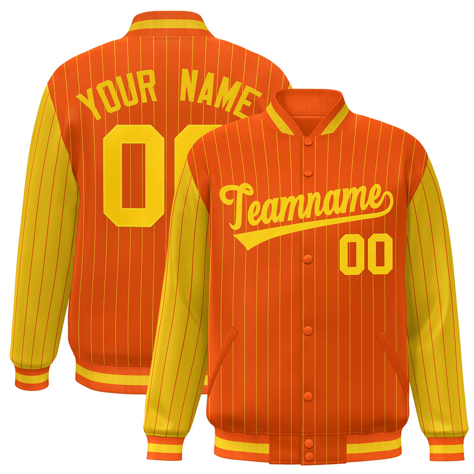 Custom Orange Gold Raglan Sleeves Varsity Full-Snap Pinstripe Letterman Baseball Jacket