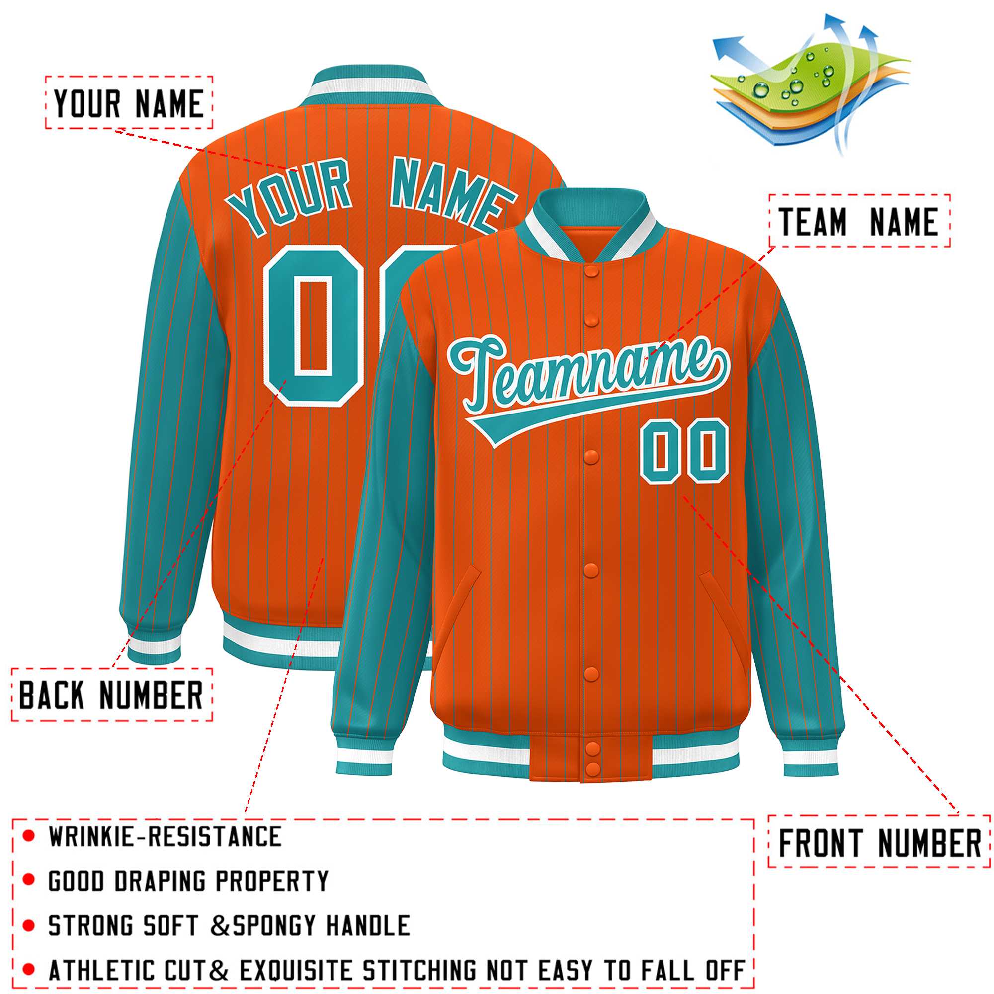 Custom Orange Aqua Raglan Sleeves Varsity Full-Snap Pinstripe Letterman Baseball Jacket