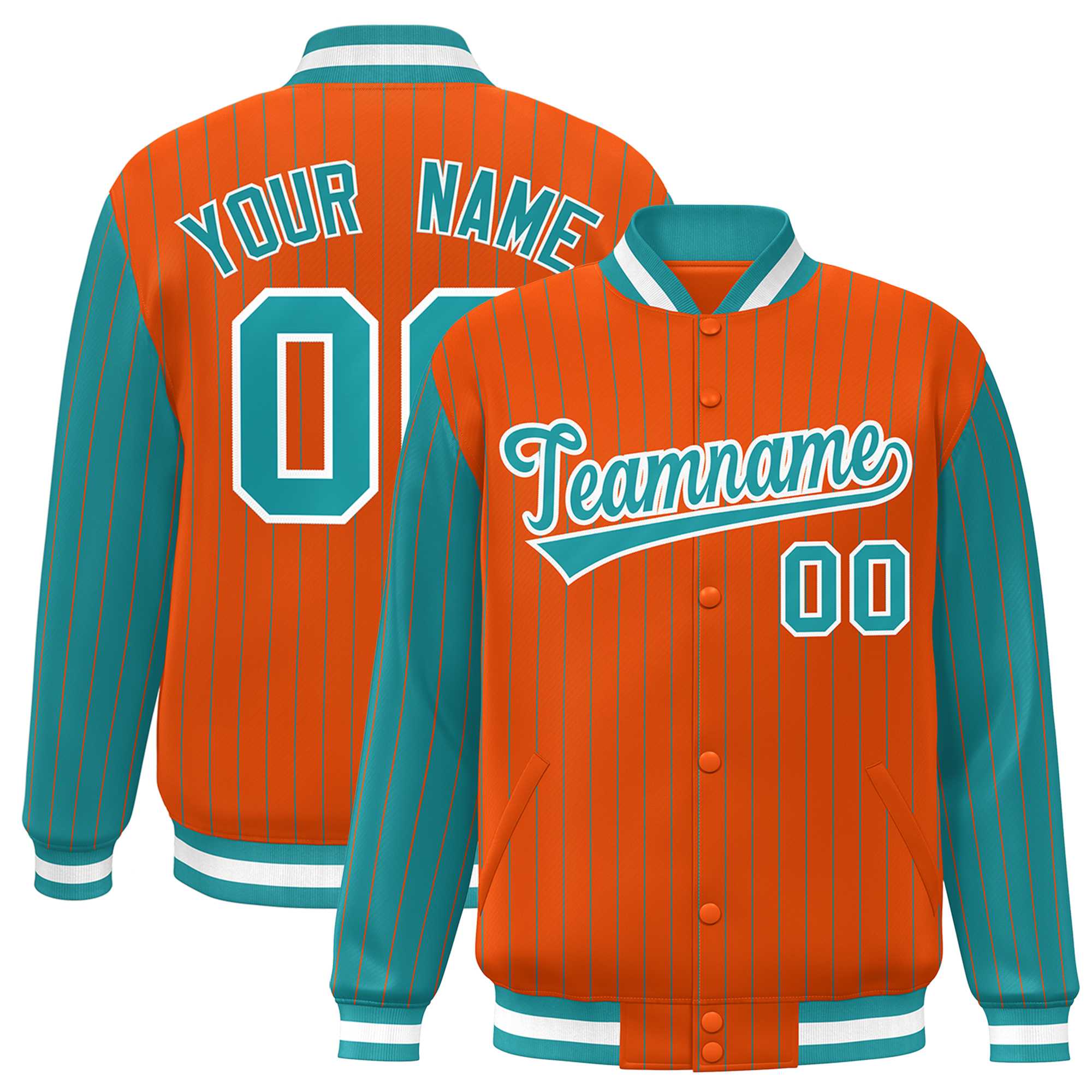 Custom Orange Aqua Raglan Sleeves Varsity Full-Snap Pinstripe Letterman Baseball Jacket