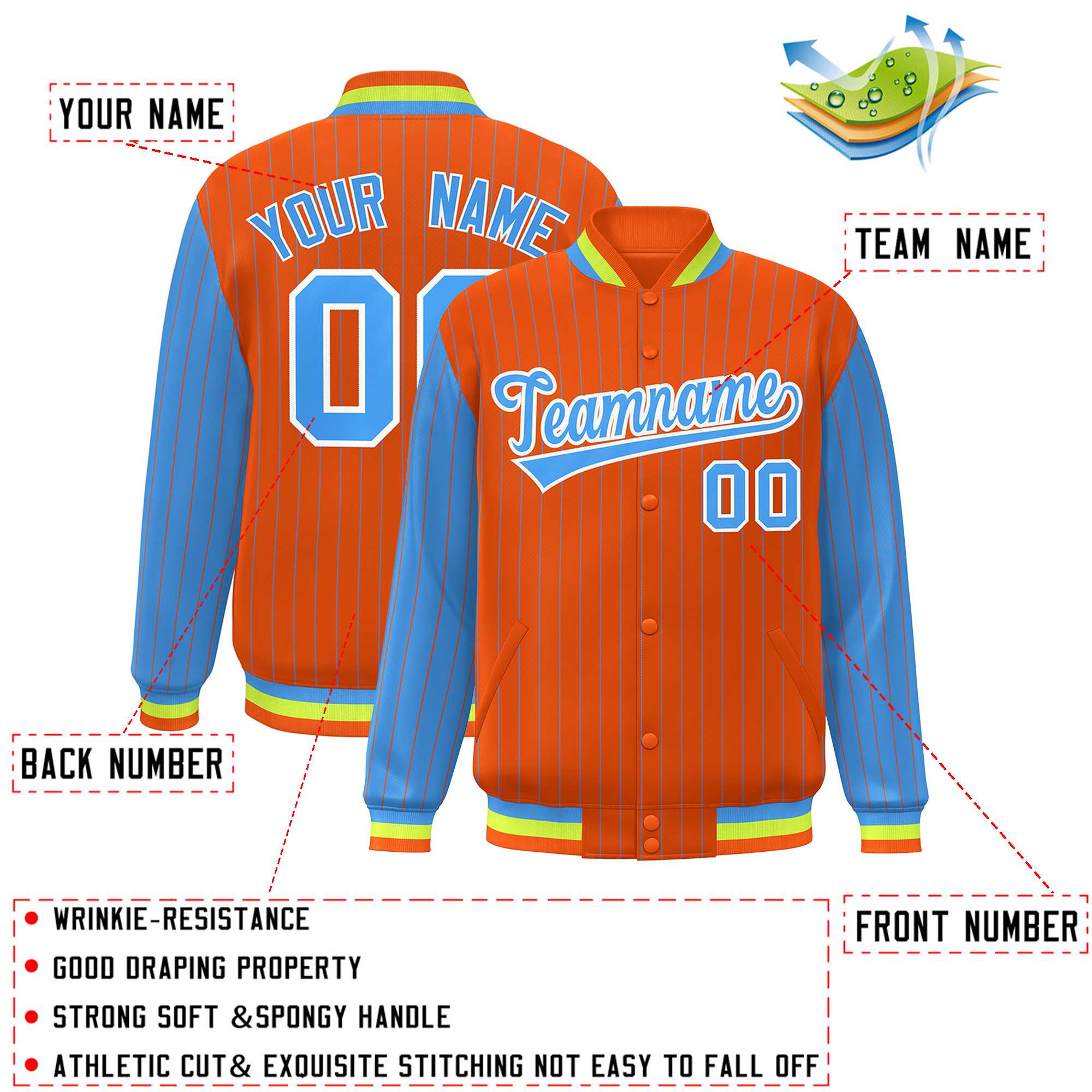 Custom Orange Powder Blue Raglan Sleeves Varsity Full-Snap Pinstripe Letterman Baseball Jacket