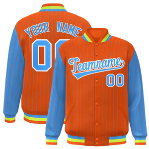 Custom Orange Powder Blue Raglan Sleeves Varsity Full-Snap Pinstripe Letterman Baseball Jacket