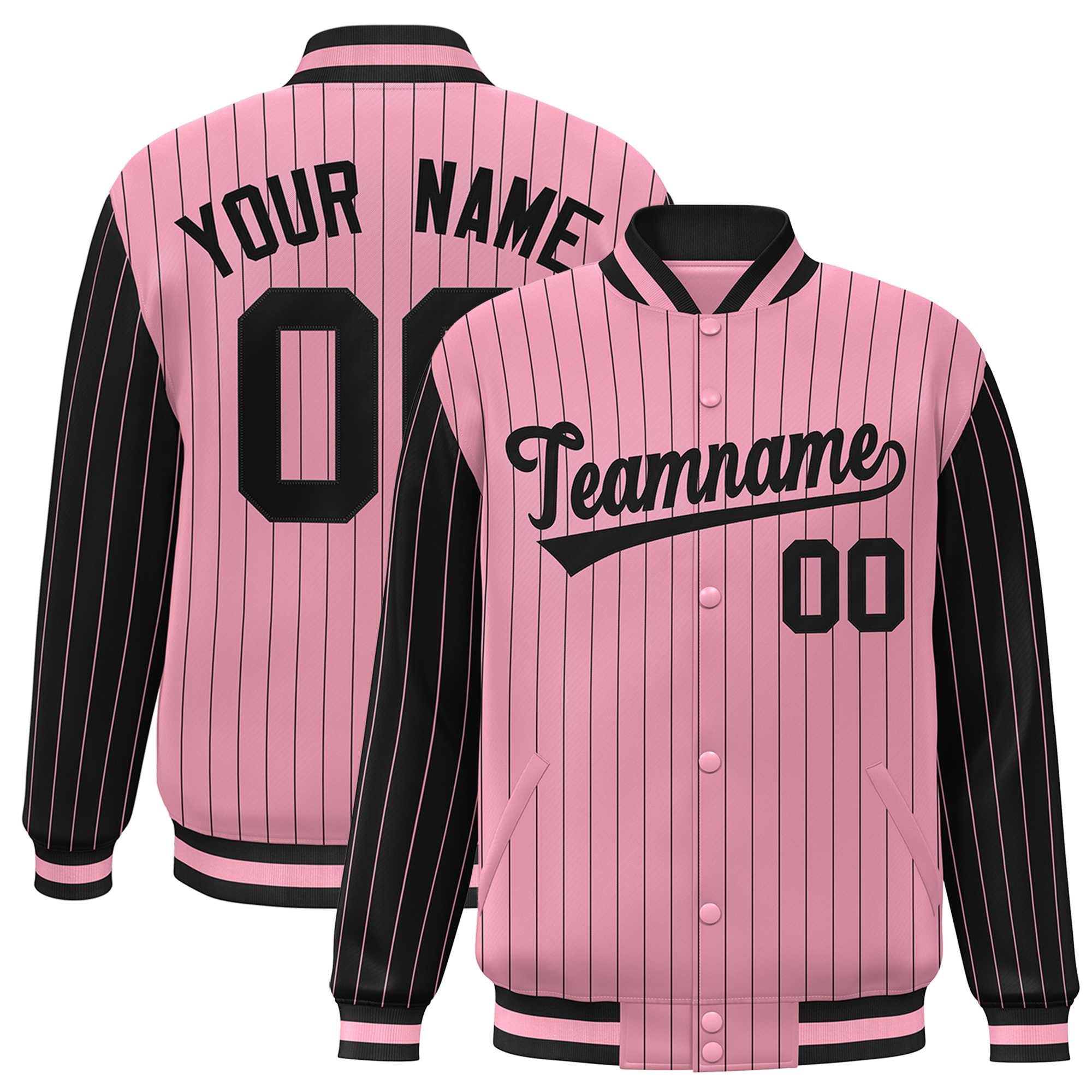 Custom Light Pink Black Raglan Sleeves Varsity Full-Snap Pinstripe Letterman Baseball Jacket