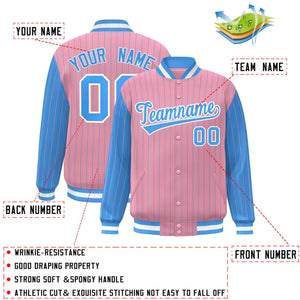 Custom Light Pink Powder Blue Raglan Sleeves Varsity Full-Snap Pinstripe Letterman Baseball Jacket