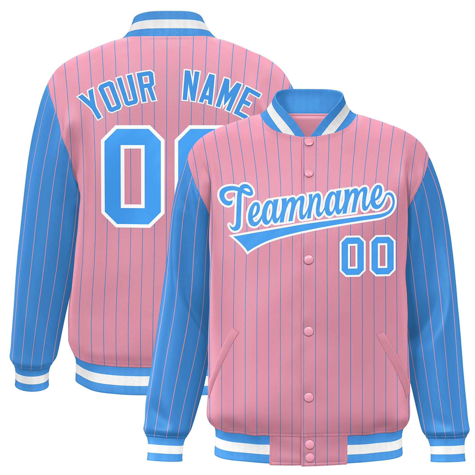 Custom Light Pink Powder Blue Raglan Sleeves Varsity Full-Snap Pinstripe Letterman Baseball Jacket