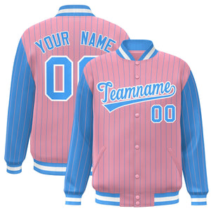 Custom Light Pink Powder Blue Raglan Sleeves Varsity Full-Snap Pinstripe Letterman Baseball Jacket