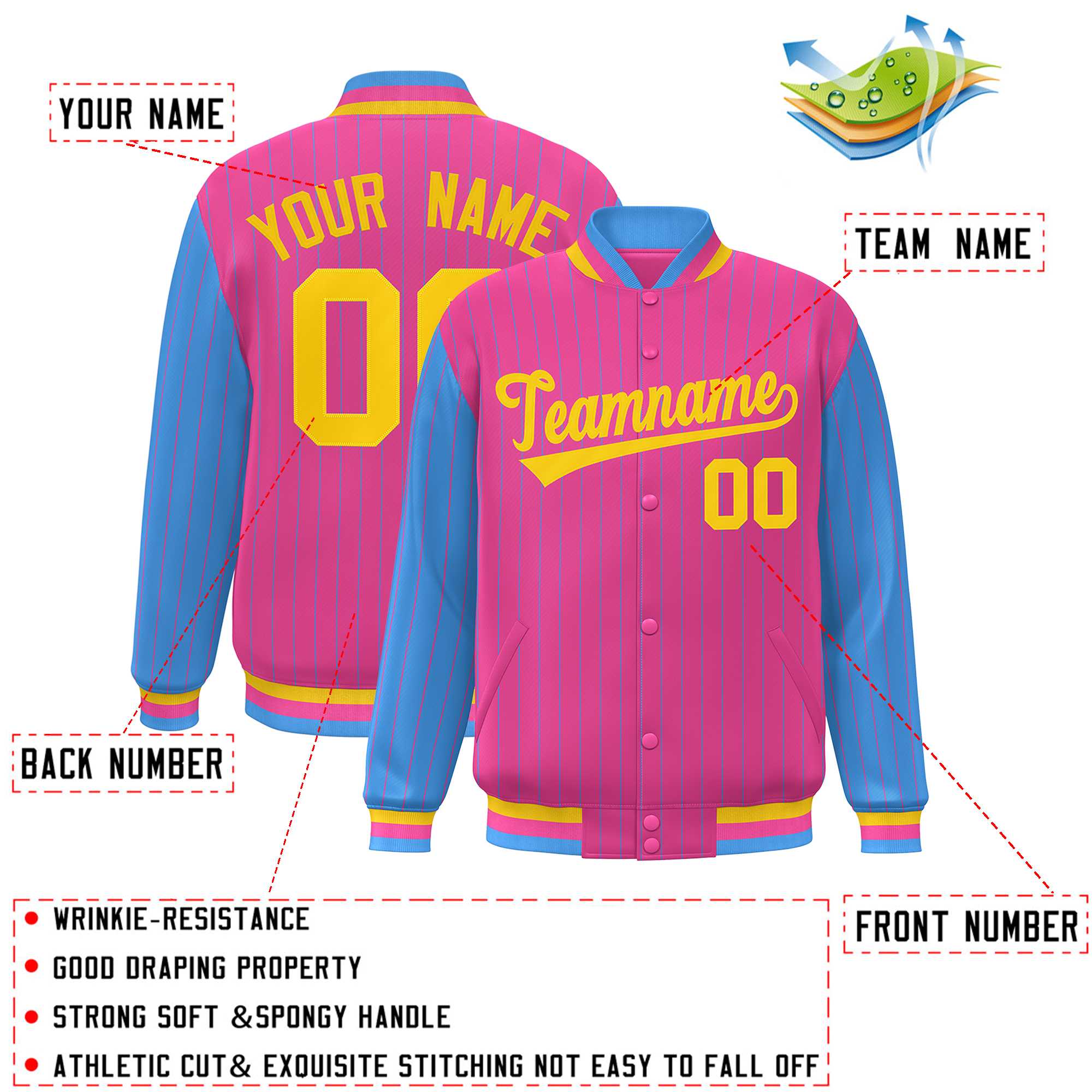 Custom Pink Powder Blue Raglan Sleeves Varsity Full-Snap Pinstripe Letterman Baseball Jacket