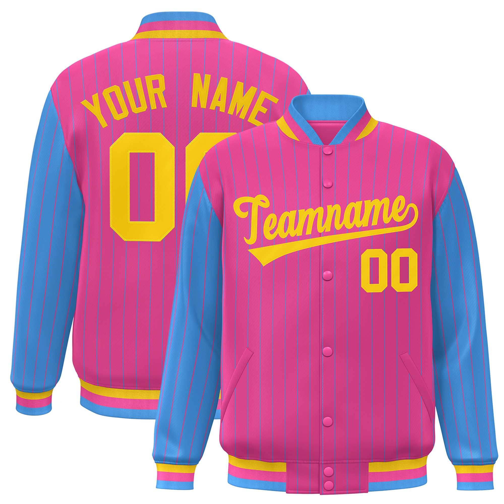 Custom Pink Powder Blue Raglan Sleeves Varsity Full-Snap Pinstripe Letterman Baseball Jacket