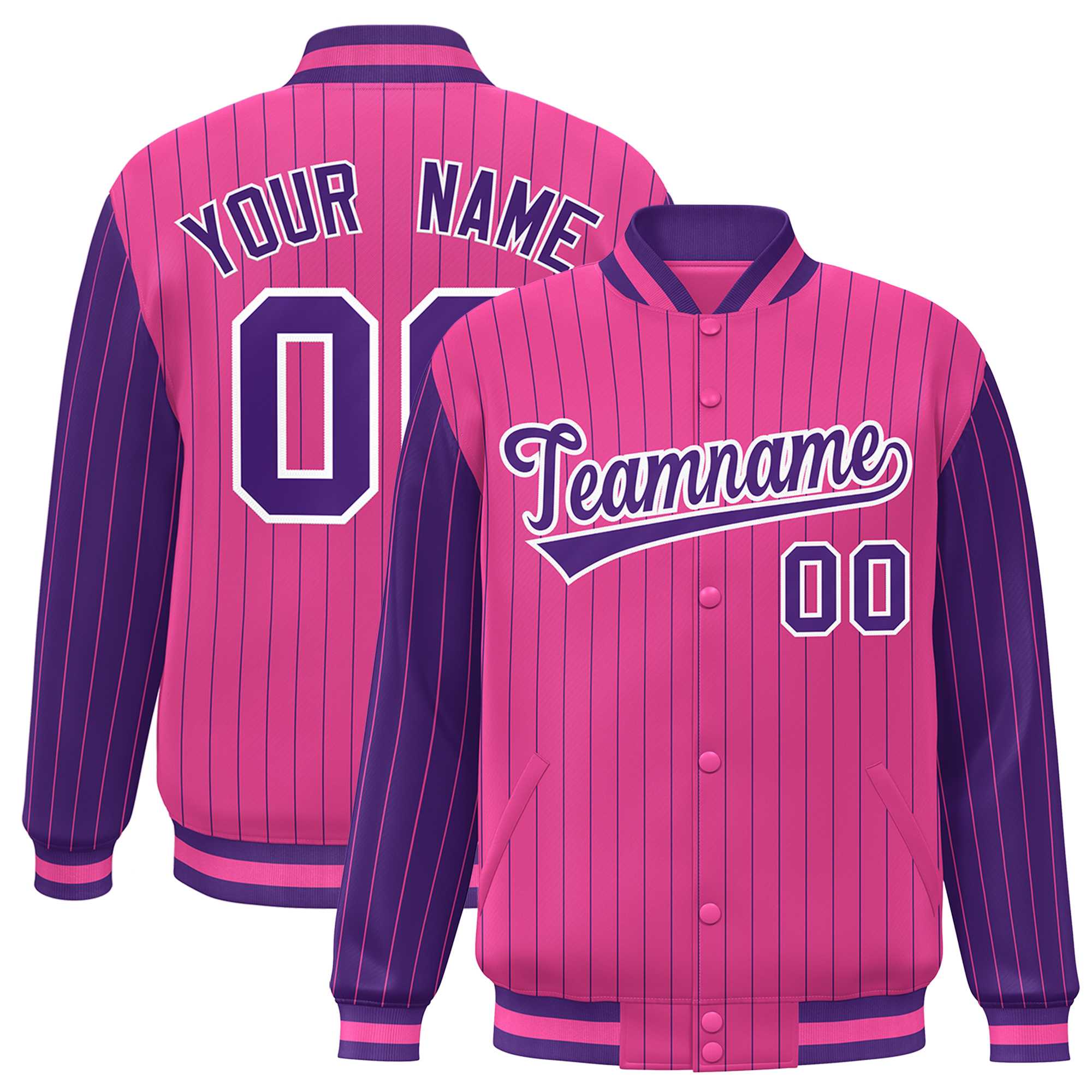 Custom Pink Purple Raglan Sleeves Varsity Full-Snap Pinstripe Letterman Baseball Jacket