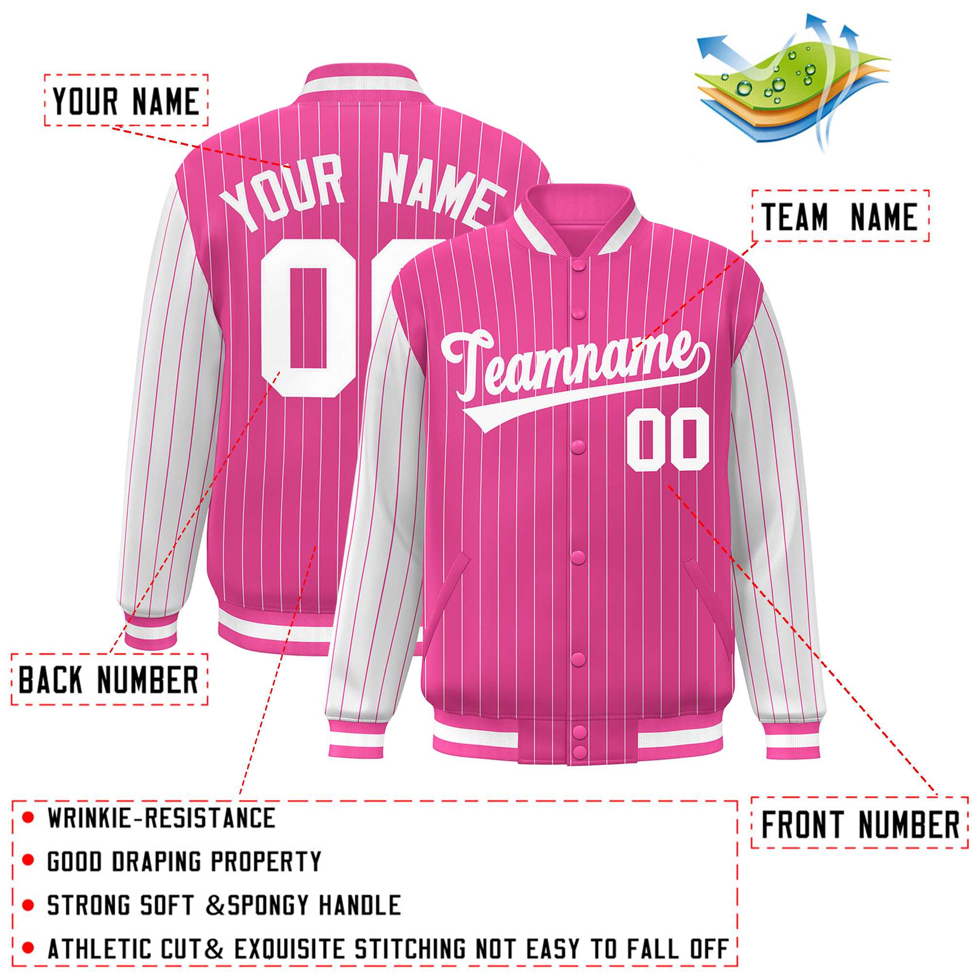 Custom Pink White Raglan Sleeves Varsity Full-Snap Pinstripe Letterman Baseball Jacket