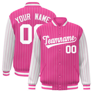 Custom Pink White Raglan Sleeves Varsity Full-Snap Pinstripe Letterman Baseball Jacket