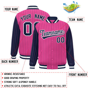 Custom Pink Navy Raglan Sleeves Varsity Full-Snap Pinstripe Letterman Baseball Jacket