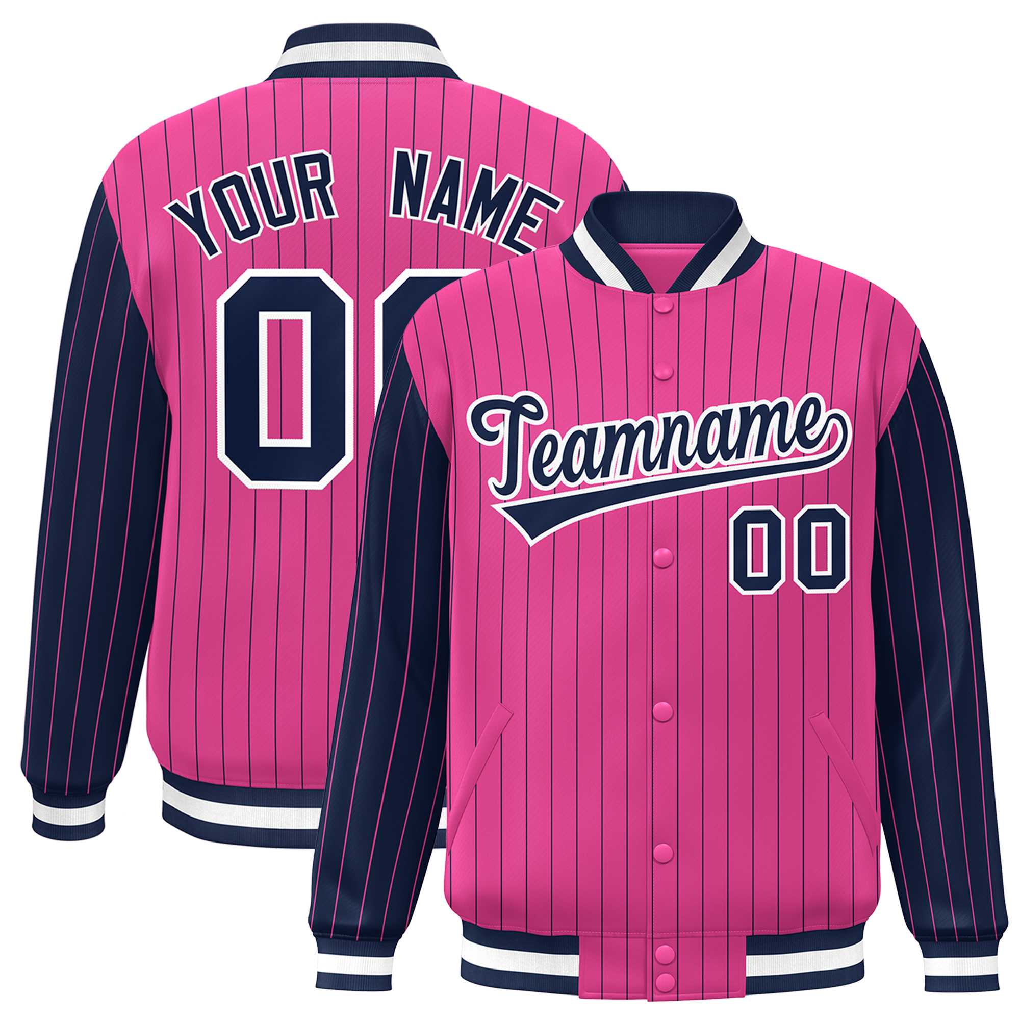 Custom Pink Navy Raglan Sleeves Varsity Full-Snap Pinstripe Letterman Baseball Jacket