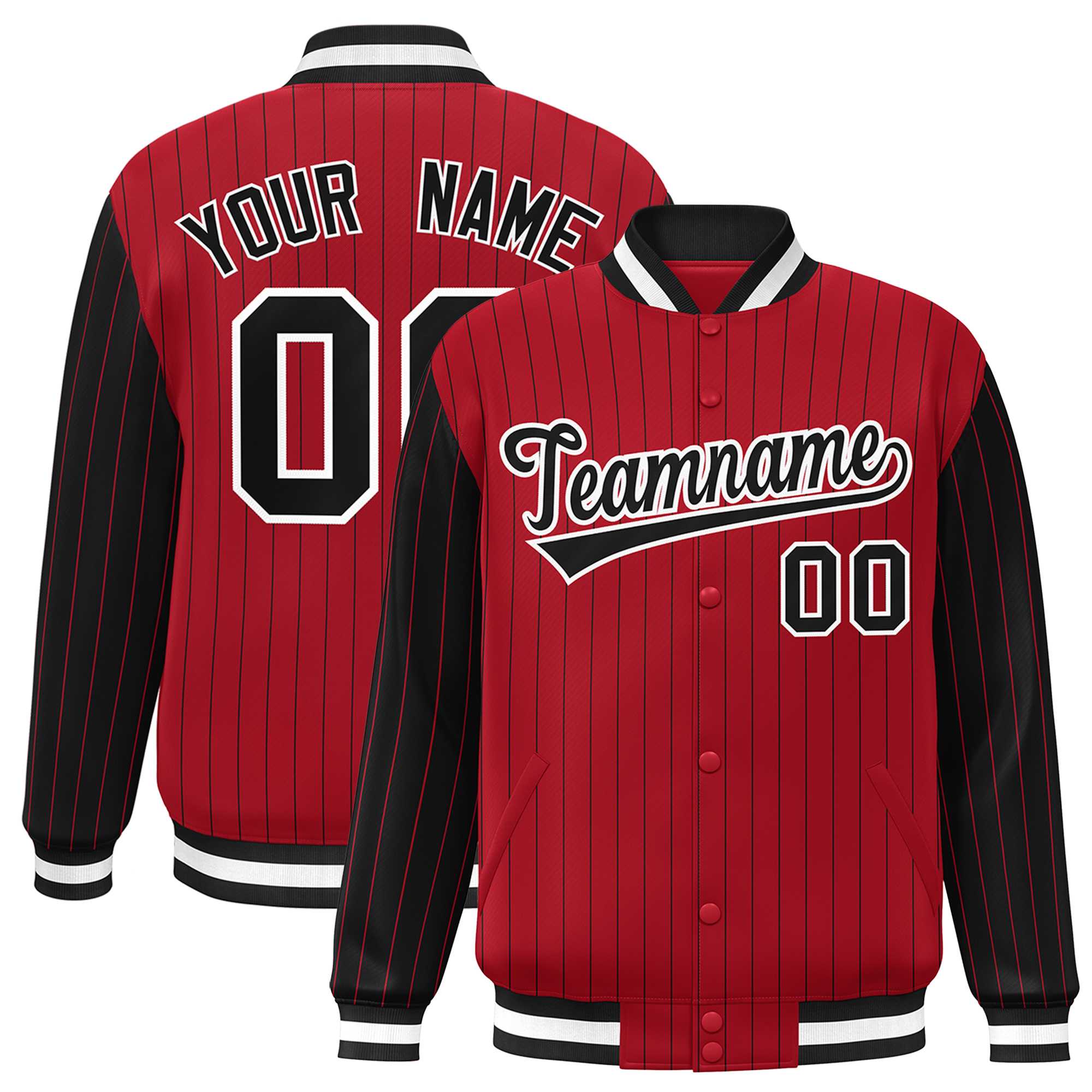 Custom Red Black Raglan Sleeves Varsity Full-Snap Pinstripe Letterman Baseball Jacket