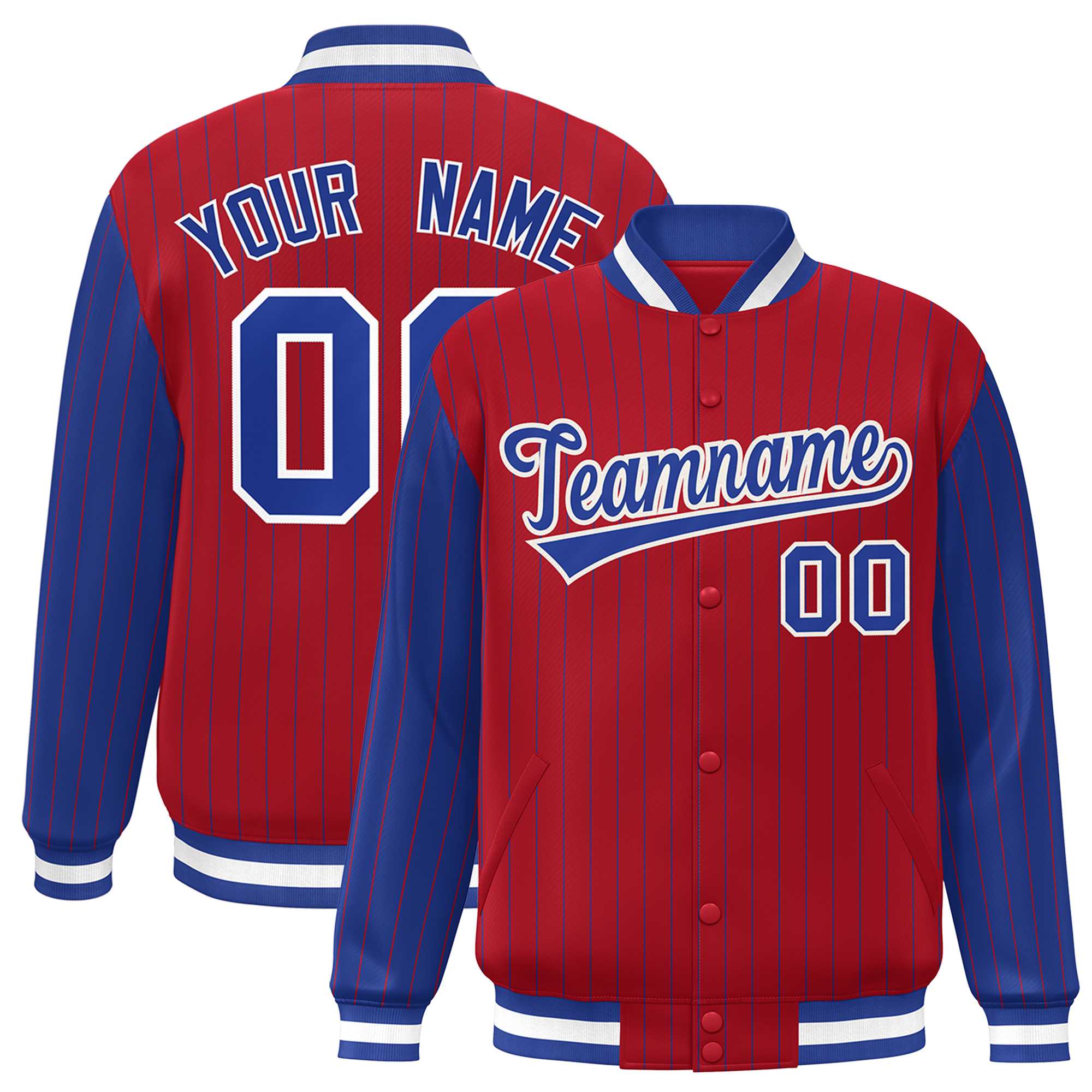 Custom Red Royal Raglan Sleeves Varsity Full-Snap Pinstripe Letterman Baseball Jacket