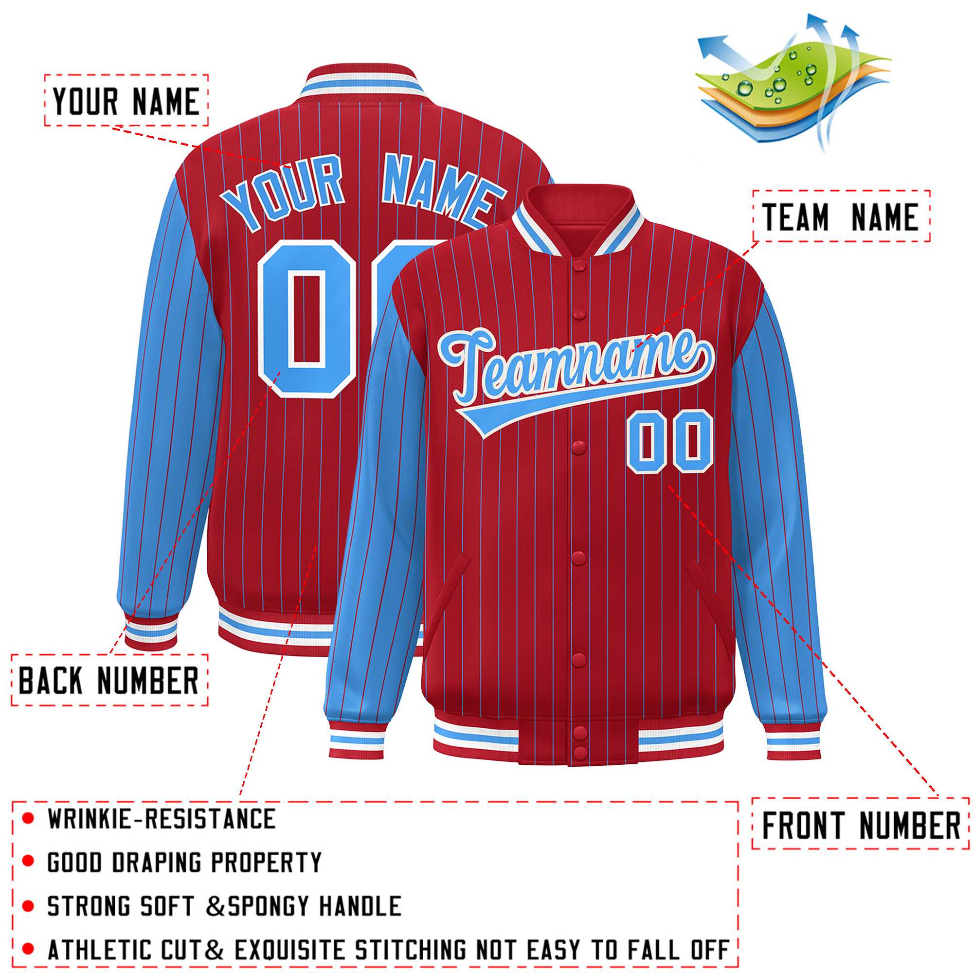 Custom Red Powder Blue Raglan Sleeves Varsity Full-Snap Pinstripe Letterman Baseball Jacket