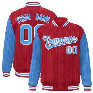 Custom Red Powder Blue Raglan Sleeves Varsity Full-Snap Pinstripe Letterman Baseball Jacket