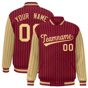 Custom Crimson Khaki Raglan Sleeves Varsity Full-Snap Pinstripe Letterman Baseball Jacket