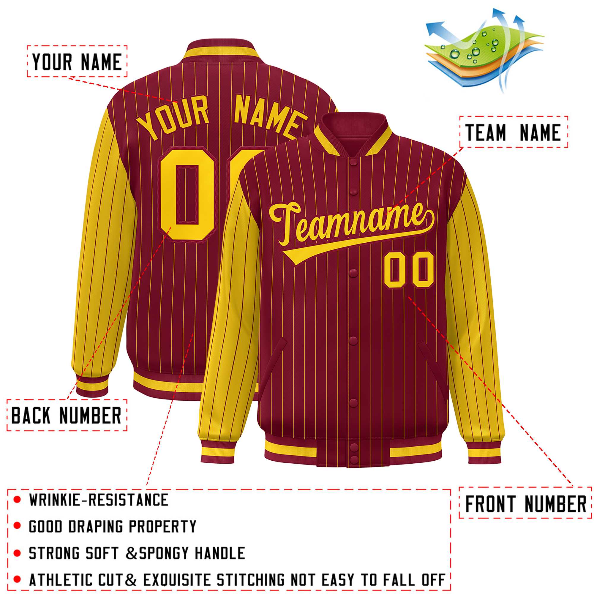 Custom Crimson Gold Raglan Sleeves Varsity Full-Snap Pinstripe Letterman Baseball Jacket