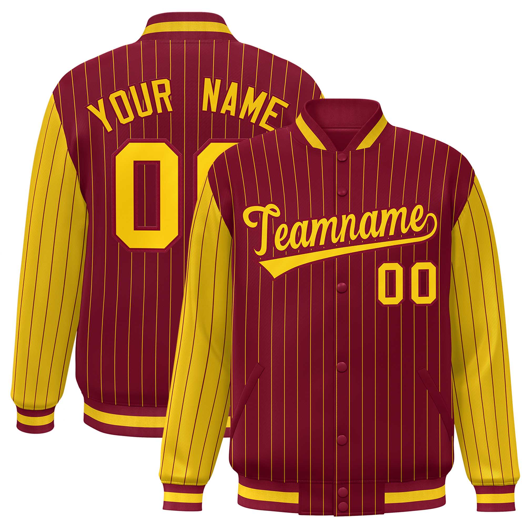 Custom Crimson Gold Raglan Sleeves Varsity Full-Snap Pinstripe Letterman Baseball Jacket