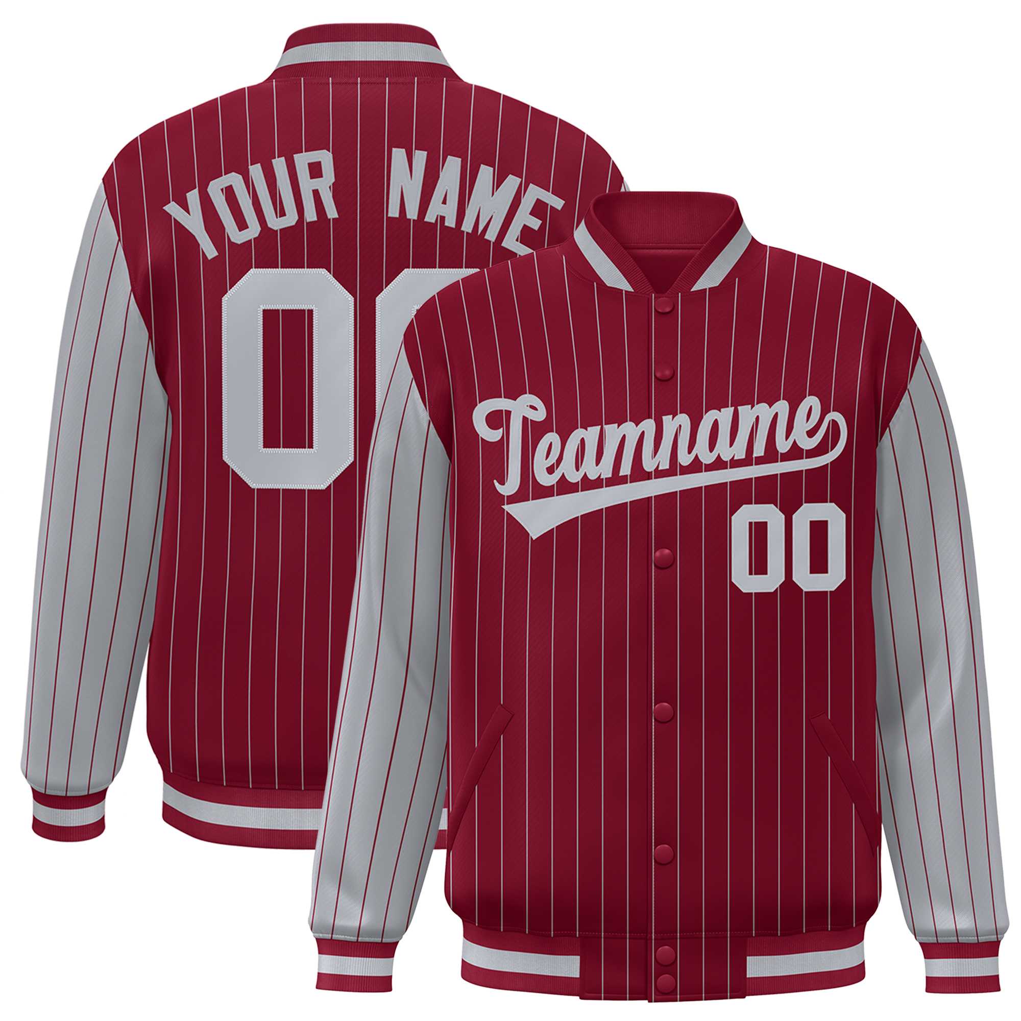 Custom Crimson Gray Raglan Sleeves Varsity Full-Snap Pinstripe Letterman Baseball Jacket