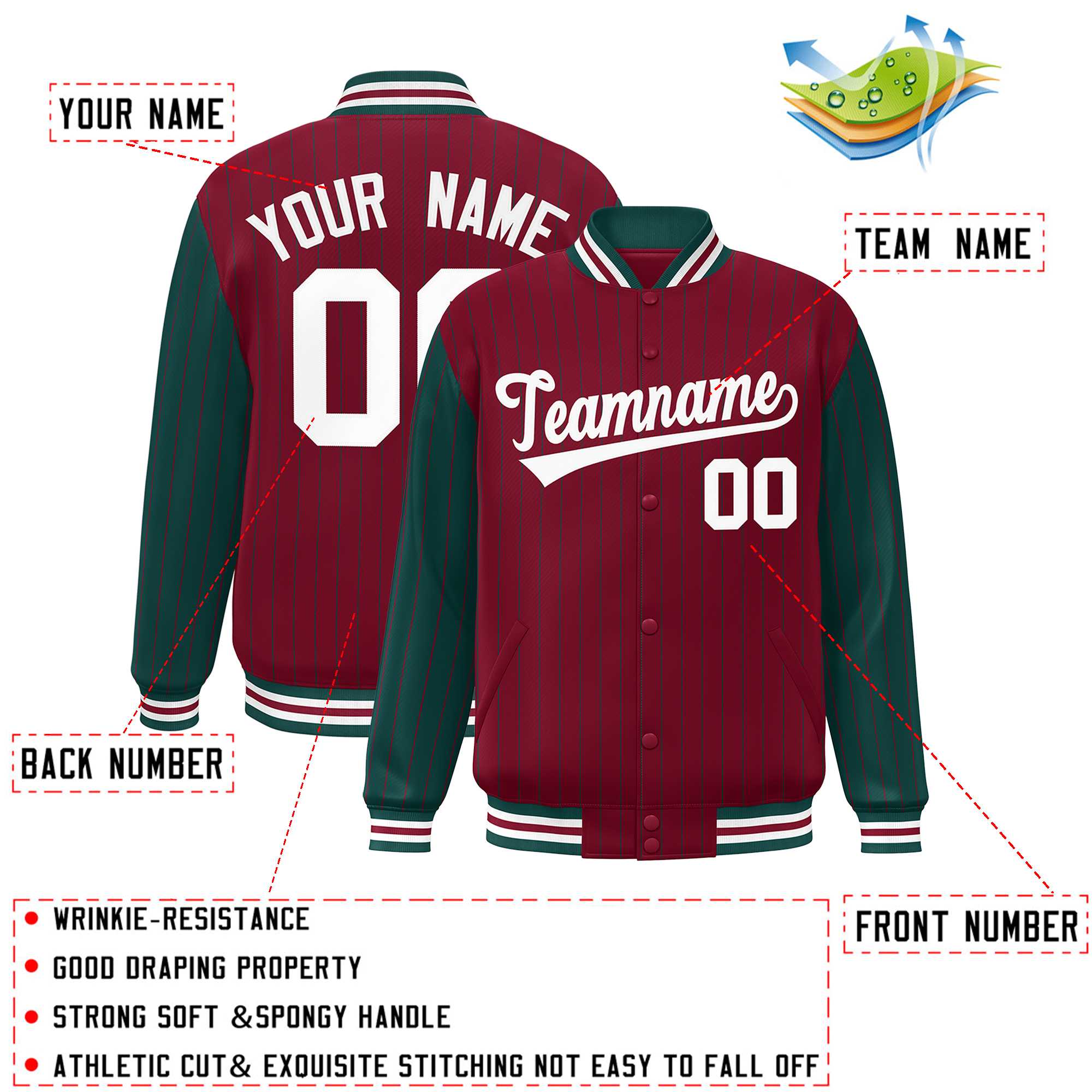 Custom Crimson Midnight Green Raglan Sleeves Varsity Full-Snap Pinstripe Letterman Baseball Jacket