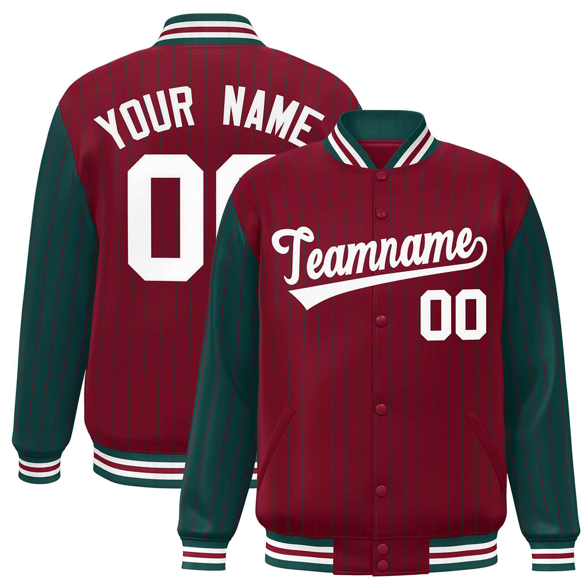 Custom Crimson Midnight Green Raglan Sleeves Varsity Full-Snap Pinstripe Letterman Baseball Jacket