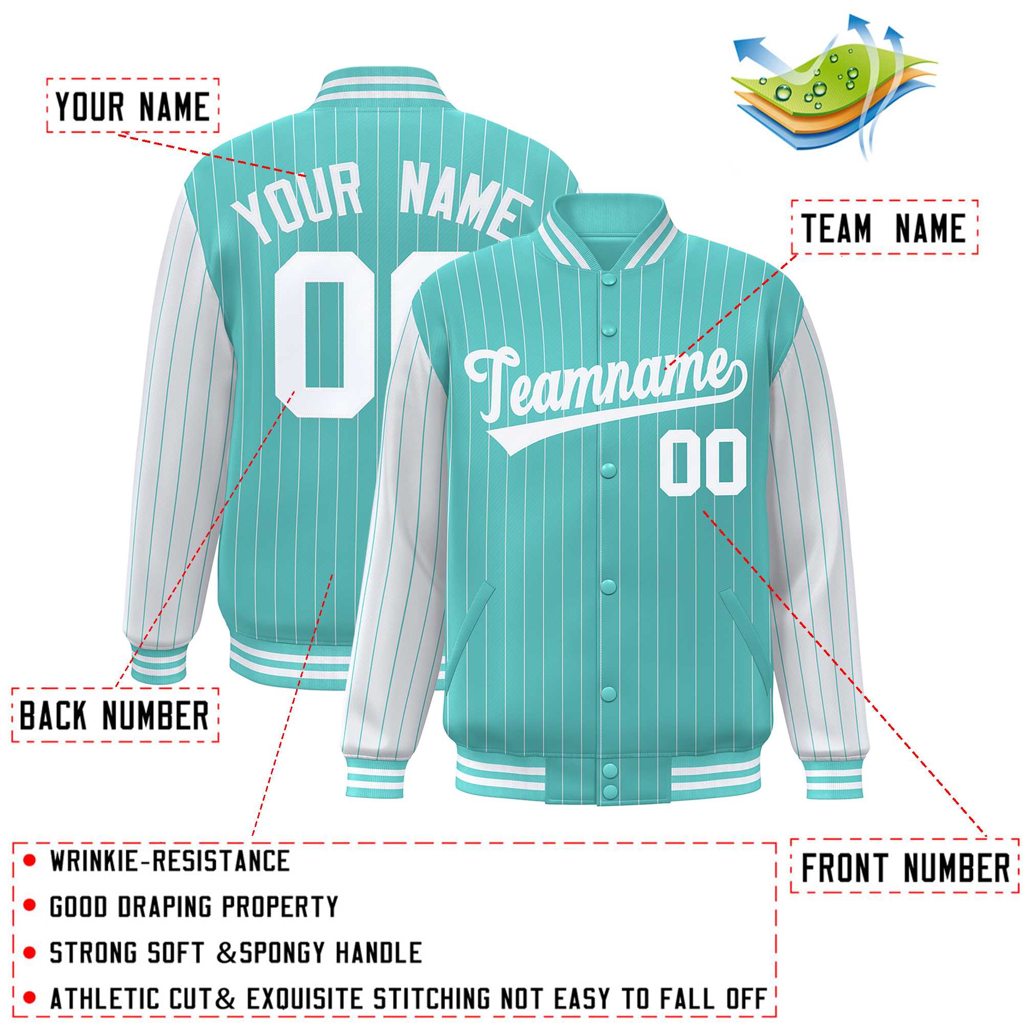 Custom Bright Green White Raglan Sleeves Varsity Full-Snap Pinstripe Letterman Baseball Jacket