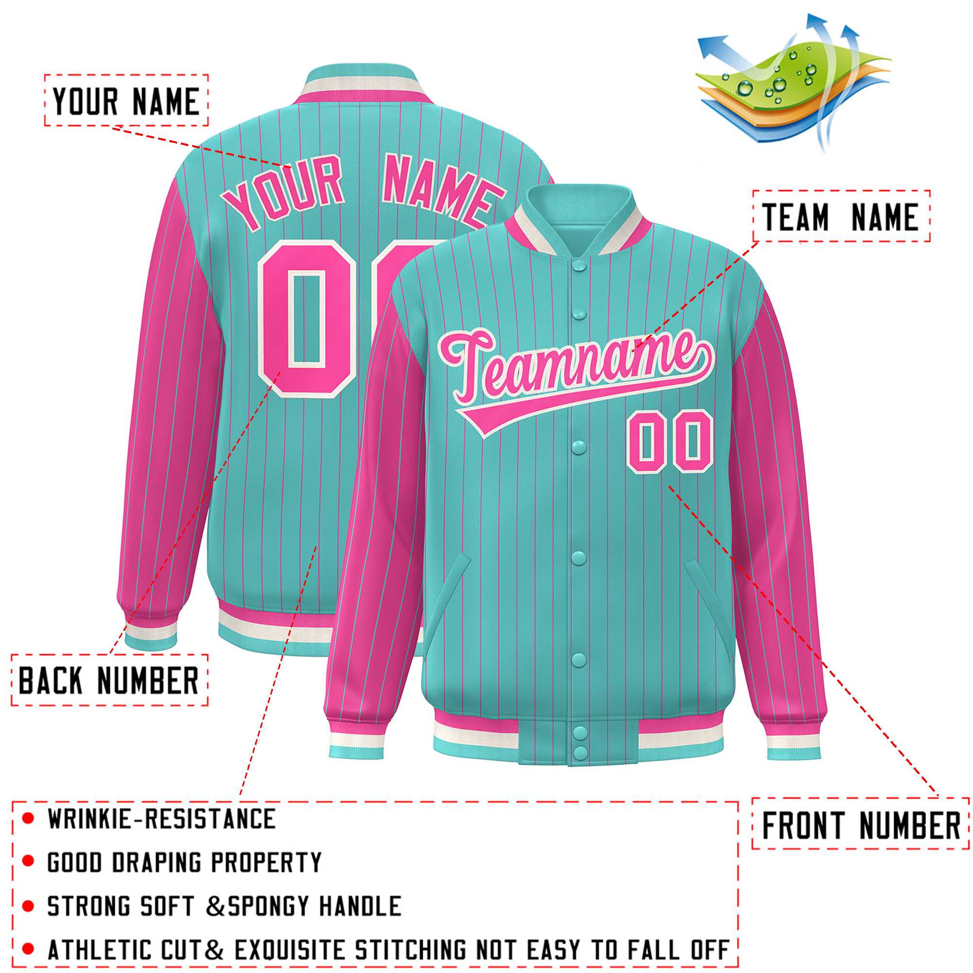 Custom Bright Green Pink Raglan Sleeves Varsity Full-Snap Pinstripe Letterman Baseball Jacket