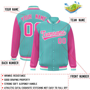 Custom Bright Green Pink Raglan Sleeves Varsity Full-Snap Pinstripe Letterman Baseball Jacket