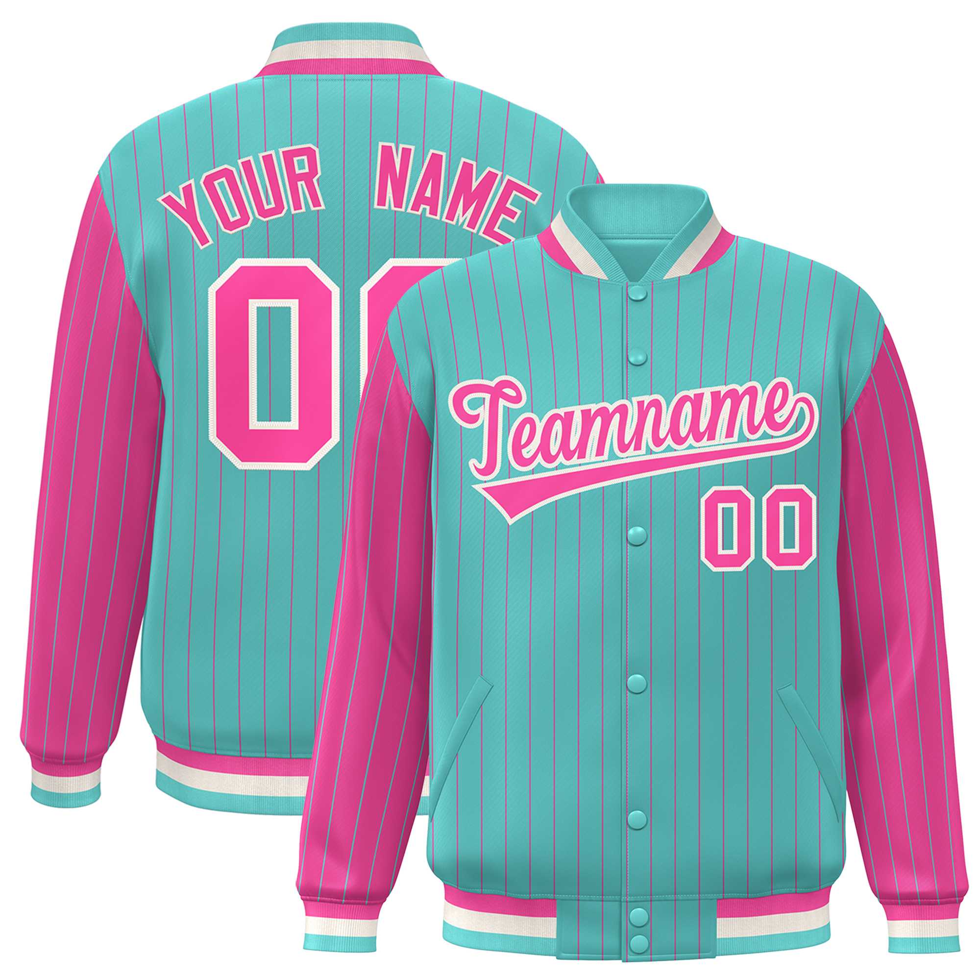 Custom Bright Green Pink Raglan Sleeves Varsity Full-Snap Pinstripe Letterman Baseball Jacket