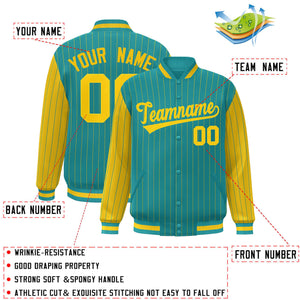 Custom Aqua Gold Raglan Sleeves Varsity Full-Snap Pinstripe Letterman Baseball Jacket