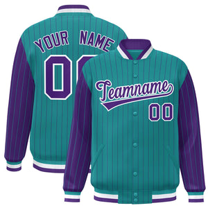 Custom Aqua Purple Raglan Sleeves Varsity Full-Snap Pinstripe Letterman Baseball Jacket