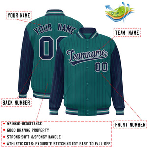 Custom Aqua Navy Raglan Sleeves Varsity Full-Snap Pinstripe Letterman Baseball Jacket