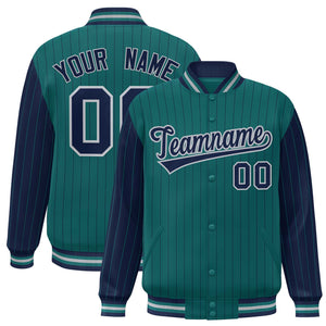 Custom Aqua Navy Raglan Sleeves Varsity Full-Snap Pinstripe Letterman Baseball Jacket