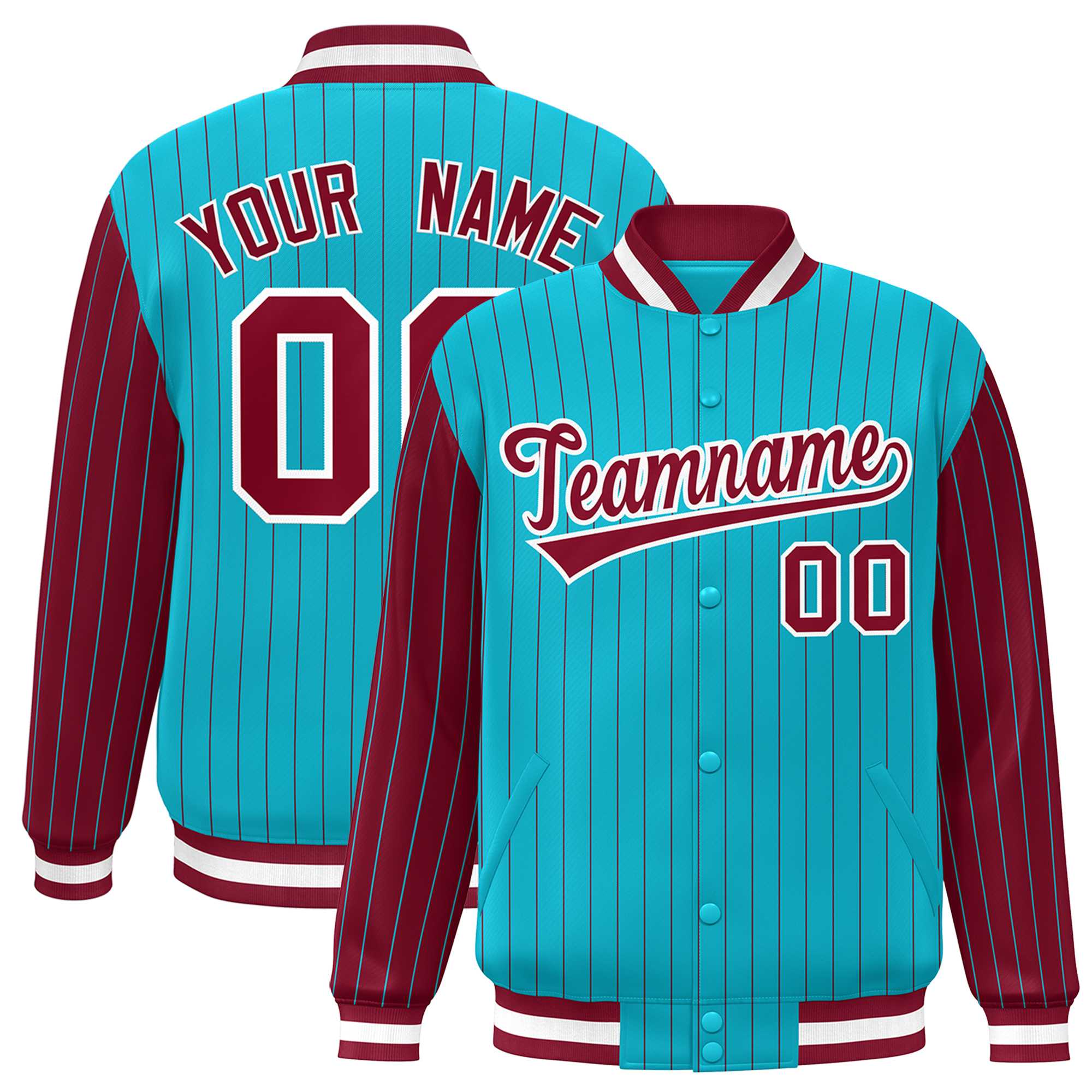 Custom Sky Blue Crimson Raglan Sleeves Varsity Full-Snap Pinstripe Letterman Baseball Jacket