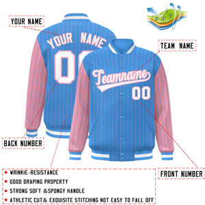 Custom Powder Blue Light Pink Raglan Sleeves Varsity Full-Snap Pinstripe Letterman Baseball Jacket