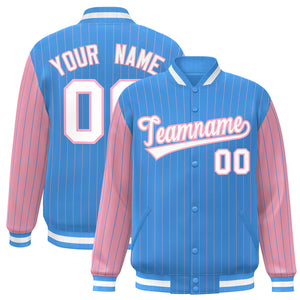 Custom Powder Blue Light Pink Raglan Sleeves Varsity Full-Snap Pinstripe Letterman Baseball Jacket