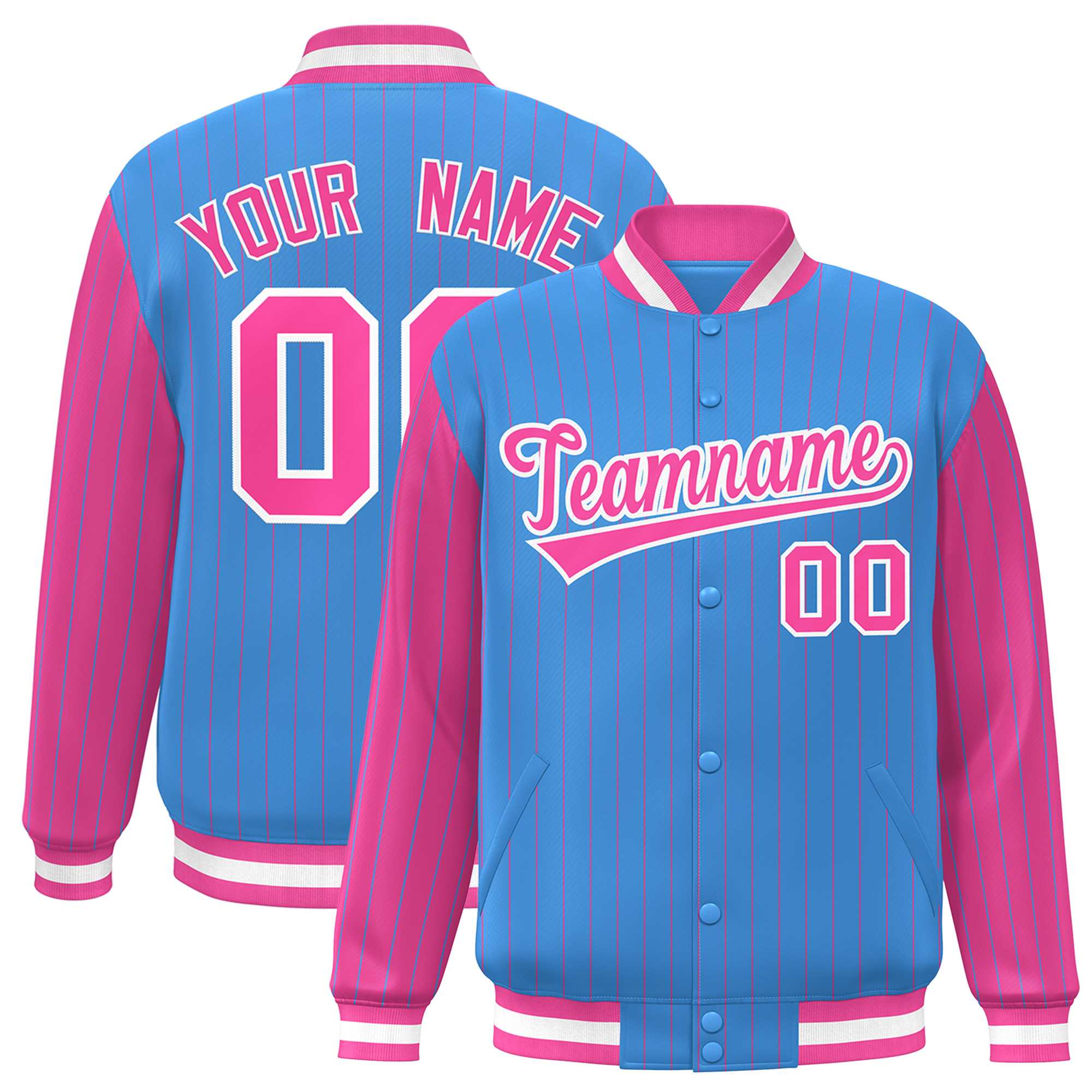 Custom Powder Blue Pink Raglan Sleeves Varsity Full-Snap Pinstripe Letterman Baseball Jacket