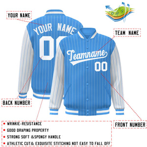 Custom Powder Blue White Raglan Sleeves Varsity Full-Snap Pinstripe Letterman Baseball Jacket